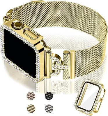 Produktbild von FFO2World Schlankes Milanaise-Armband für Apple Watch 45 mm (Series 7‑9) – Damenarmband mit Magnetverschluss + Glitzerfolie – Gold