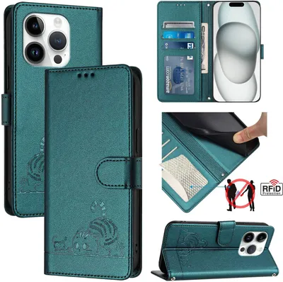 Produktbild von Leder Hülle für iPhone 14 Pro Süße Katze Flip Case Brieftasche Schutzhülle mit Standfunktion Grün