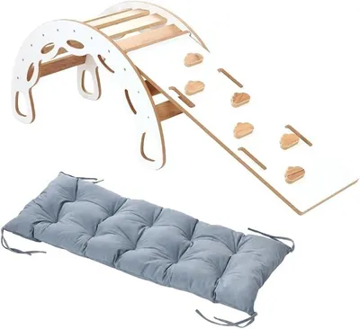 Imagen del producto de Ayudante Montessori para niños, balancín con pared de escalada de doble cara y tobogán, y cojín gris. Balancín de madera para niños a partir de aproximadamente 1 año, hasta 50 kg, 90 x 40 x 50 cm, blanco/roble, modelo BM-310