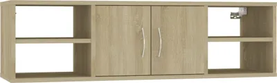 A wall-mounted cabinet with two doors and open shelves on either side.