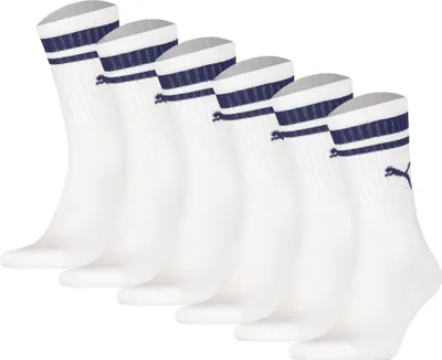 Produktbild von PUMA Uni Sport-Socken, 6er Pack - Crew Heritage, Tennis, Frottee-Sohle, Streifen Weiß/Blau 43-46