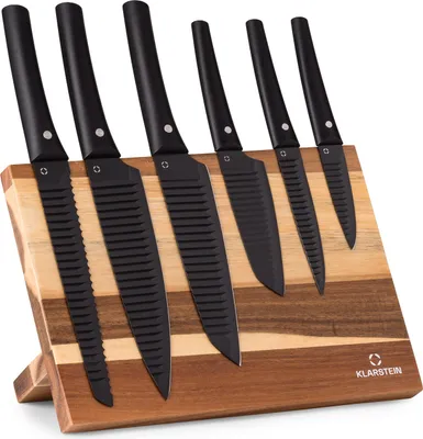 Produktbild von Klarstein Messerblock mit Messer, 7-Teiliges Messer Set Scharf für die Küche, Messerset & Holz-Messerblock, Edelstahl-Santoku Messer Kratzfest, Küchenmesser-Set mit Japan-Design, 6 Messer & Block