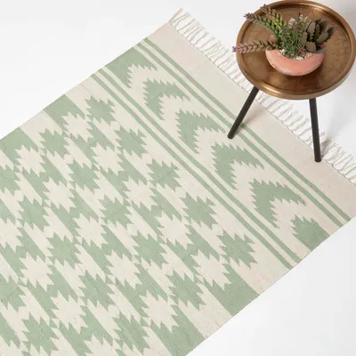Produktbild von HOMESCAPES Handgewebter Baumwollteppich Turin - creme-grün gemustert, 120 x 170 cm
