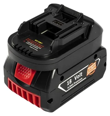 A black and red power tool battery pack is shown from a slightly elevated side angle against a white background.