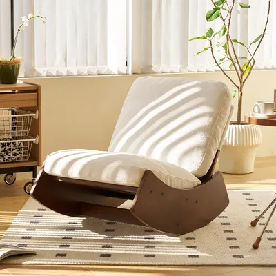 Produktbild von LVHOM Schaukelsessel mit Massivholzgestell, Relaxsessel Bodensessel Chenille, Schaukelstuhl Polstersessel für Wohnzimmer & Schlafzimmer, Weiß
