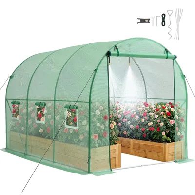 Produktbild von SucceBuy Gewächshaus 2,93x1,97x1,94 m mit Bewässerungssystem, Stahlrahmen, PE-Abdeckung, Reißverschlusstür und 6 Fenstern, Folientunnel für Garten und Außenbereich
