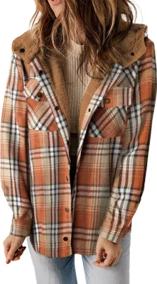 Image de ASKSA Femme Veste d'hiver à carreaux Oversize Manches Longues Hiver Chaud Doublé avec Boutons Capuche Vestes Casual (Orange,M)