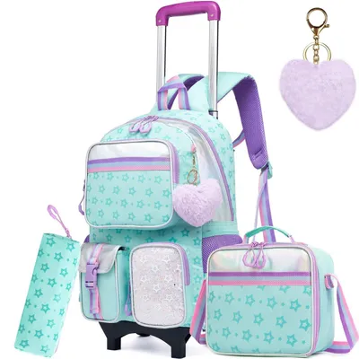 Image de Sac à dos à roulettes pour filles, 5 en 1, idéal pour l'école, les voyages, sacoche pour ordinateur portable de 17 pouces avec boîte à lunch, motif étoile, couleur verte