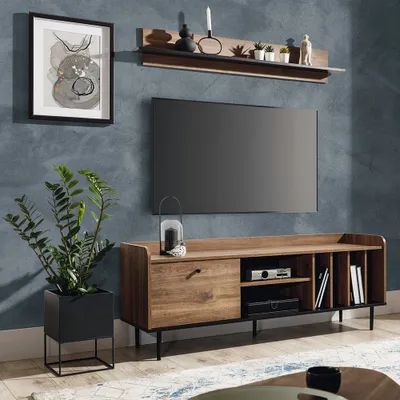 Produktbild von TV Lowboard im Retro Design VAREDO-132 in Eiche Nb. mit Wandboard, B/H/T: ca. 150/180/40 cm