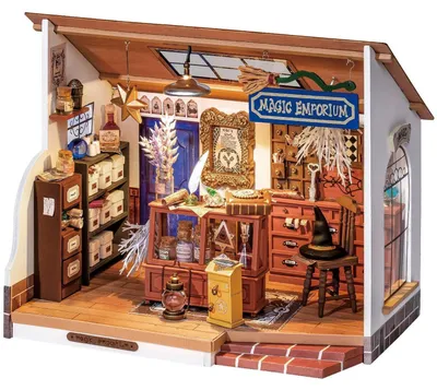Zdjęcie produktu dla Miniaturowy domek dla lalek "Magiczny Sklep", zestaw do samodzielnego montażu, z oświetleniem, drewniany, wymiary: 21,5 x 15,3 x 17,5 cm