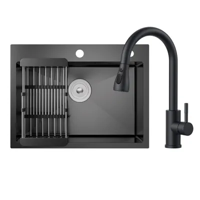 Produktbild von Edelstahlspüle 60x45 cm mit Armatur & Seifenspender, kratzfeste Küchenspüle schwarz, Spülbecken Set, X-Flut Design, nano-beschichtet, Cecipa MAX Spüle