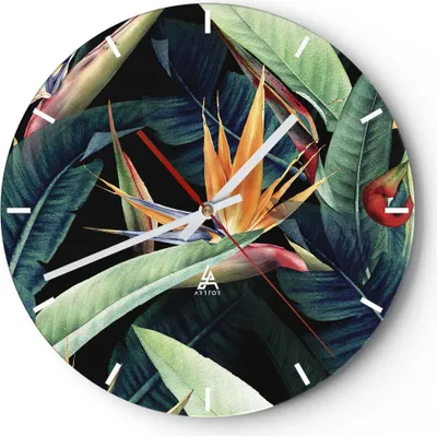 Produktbild von Wanduhr - Rund - Glasuhr - Pflanze Tropisch Blume - 30x30cm - Schleichendes Uhrwerk - Lautlos - zum Aufhängen bereit - Dekoration Modern - Wanddekoration aus Glas - C3AR30x30-5093