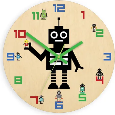 A round clock with a robot design and numbers represented by robots.
