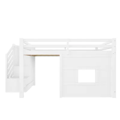 Produktbild von Flieks Etagenbett 140x200cm mit Rausfallschutz, Kinderbett Hausbett mit Led, Hochbett Doppelbett Holzbett mit Fenster, Kinderbett Stockbett, Weiß