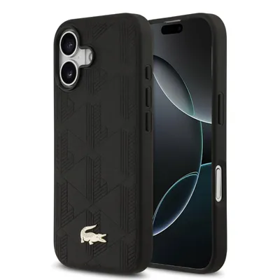 Zdjęcie produktu dla Etui iPhone 17 Lacoste sztuczna skóra czarna logo krokodyl w kolorze złotym