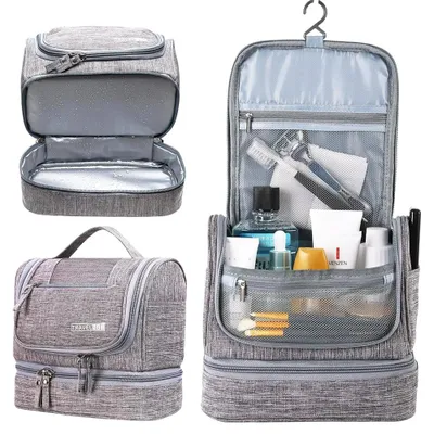 Produktbild von Reise-Kosmetiktasche Geräumig Wasserdicht Thermotasche Zum Aufhängen Kulturtasche, Kulturbeutel für Herren und Damen, tragbare Kosmetiktasche, Grau