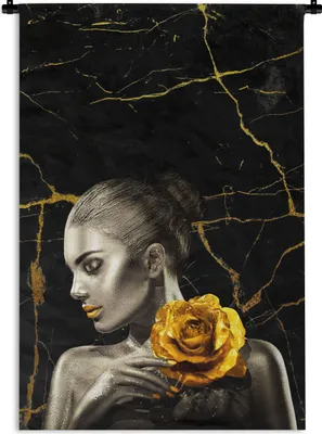 Produktbild von MuchoWow® Wandteppich Wandbehang Frauen - Rosen - Gold - Marmor 60x90 cm Tapisserie Dekoration Wandtuch - Foto-Teppich - Abwaschbar