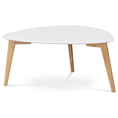 A white, triangular coffee table with natural wood legs, shown from a side-front angle on a white background.