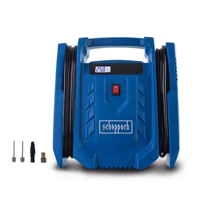 Produktbild von Kompressor Airforce 7 SC Scheppach - 230V & 12V Anschluss | 8 bar Arbeitsdruck | 24L/min | ölfrei & mobil | LCD Display | inkl. Reifenfüller & Adapter