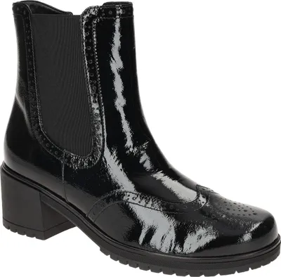 A black patent leather Chelsea boot with brogue detailing and a block heel, shown from a side angle against a white background.