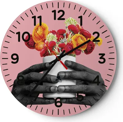 Produktbild von Wanduhr - Rund - Glasuhr - Schwarz Hände Blumen - 30x30cm - Schleichendes Uhrwerk - Lautlos - zum Aufhängen bereit - Dekoration Modern - Wanddekoration aus Glas - C4AR30x30-4706