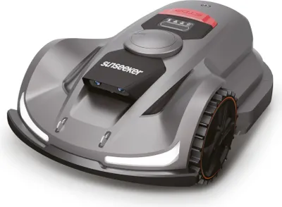 A robotic lawnmower shown from a front-diagonal angle on a white background.