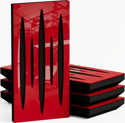 Zdjęcie produktu dla 4-pak - Wąski panel akustyczny pochłaniający dźwięk | 50 x 25 cm | Model-Grubość-Kolor: (PULSAR - 33 mm | Czerwony błyszczący plastik]
