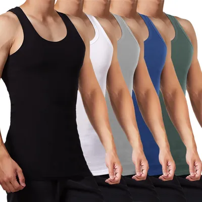 Immagine prodotto di Canottiera da uomo, confezione da 5, 100% cotone, tessuto a coste fini, taglie dalla S alla 5XL, colori: nero, bianco, grigio, blu navy, verde oliva