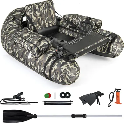 Produktbild von GOPLUS Bellyboat, Belly Boat bis 150 kg belastbar, aufblasbares Schlauchboot zum Angeln mit Paddel, Pumpe,146 x 109 x 44 cm, Camouflage