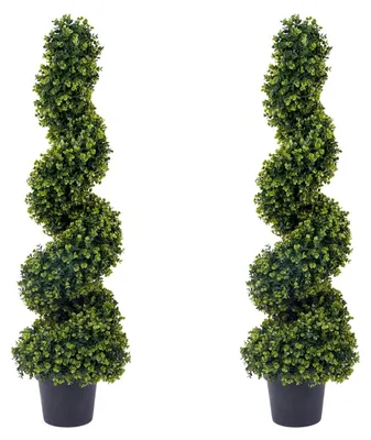 Obrázok produktu pre Umelo vyzerajúci stromček – spirálovitý živý plot v kvetináči – 120 cm – vonkajšia dekorácia na vchod, balkón alebo terasu – 1 kus – farba eukalyptu