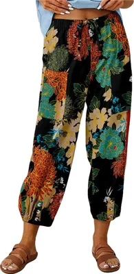 Obrázek produktu pro ASKSA Dámské dlouhé kalhoty s potiskem 7/8 Lněné kalhoty Letní kalhoty s širokou nohavicí Lehké kalhoty z volné tkaniny, černá, 3XL
