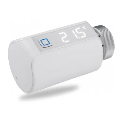 A white smart thermostat for a radiator is shown against a white background.