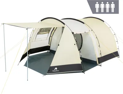 Immagine prodotto di Tenda CampFeuer Super+ per 4 persone, sabbia / nero, tenda a tunnel XXL con 2 ingressi e tenda da sole