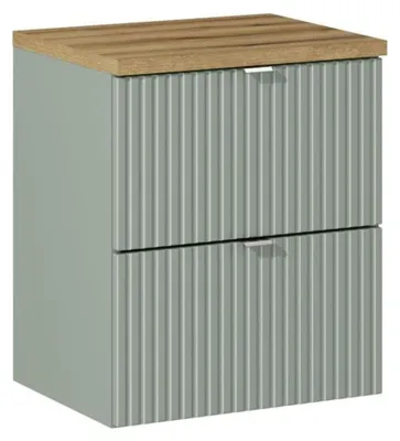Produktbild von Set ELVINA 50cm : Unterschrank mit Schubladen in Salbeigrün Grau + Arbeitsplatte für Waschbecken in dunkler Holzoptik