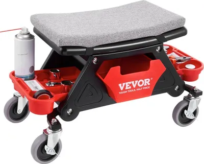 Obrázok produktu pre Mechanická stolička, nosnosť 300 libier, mechanické sedadlo na kolieskach s 4-palcovými kolesami, s tromi vysúvacími odkladacími priehradkami na náradie a zásuvkou, odolné sedadlo na kolieskach pre domáce garáže a automobilové opravy
