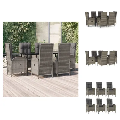 Produktbild von vidaXL 7-tlg. Garten-Essgruppe mit Kissen Schwarz und Grau Poly Rattan -  Gartenmöbel-Sets