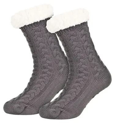 Kuschelige Wintersocken Anti Rutsch Sohle, Dicke Plüsch Stoppersocken im Norweger Design, Hausschuh Ersatz für Frauen Mädchen Grau