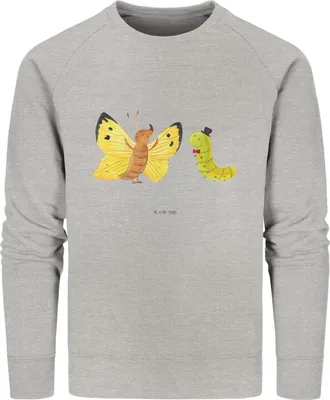 Produktbild von Mr. & Mrs. Panda Bio Pullover Raupe Schmetterling Größe XL - Heather Grey - Geschenk, Hut, Kokon, Pulli, Lustige Sprüche, Sweatshirt, Baumwoll, Zitronenfalter, Sweater
