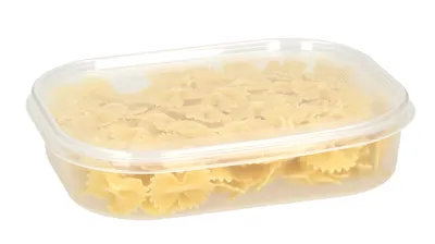 A clear, professional shot of a clear plastic food storage container filled with farfalle pasta, isolated on a white background.
