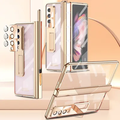 Image de Étui pour Samsung Galaxy Z Fold 4 Charnière magnétique, support, porte-stylo, étui de protection avec lentille et film d'écran Or