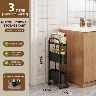 Imagen del producto de Carrito de almacenamiento estrecho con cestas - 3 niveles - 15 cm de ancho - Metal - Con ruedas - Ideal para espacios reducidos - Color negro