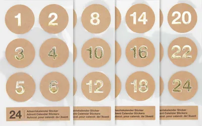 Produktbild von Rico Design Adventskalender-Sticker Natur, 24 Stück, Ø 28 mm, Gold Hotfoil-Veredelung, 4 Bogen
