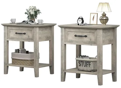 Image de Table de chevet - Table d'appoint - Lot de 2 - Avec tiroir et étagère - 2 niveaux - Pour les petites pièces - Bois - Noir
