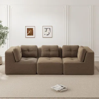 Zdjęcie produktu dla Sofa trzysobowe bez ramy, modułowy narożnik w kolorze brązowym, sofa trzysobowa z siedziskiem o głębokości 74 cm, nie wymaga montażu, wymiary: 297x104x69 cm