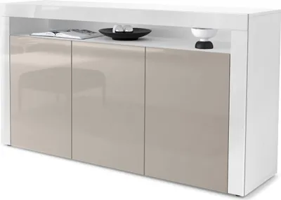 Produktbild von Vladon Sideboard Valencia,  Germany, Kommode mit 3 Türen und 1 offenem Fach, Weiß matt/Sandgrau Hochglanz/Weiß Hochglanz (155 x 92 x 40 cm)