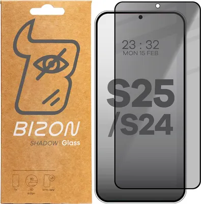 Produktbild von Bizon Glass Edge Shadow Privacy Panzerglas für Galaxy S25/S24, getönt mit schwarzem Rahmen
