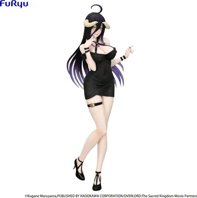 A full-body shot of a figurine of the character Albedo from Overlord, wearing a short black dress and high heels.