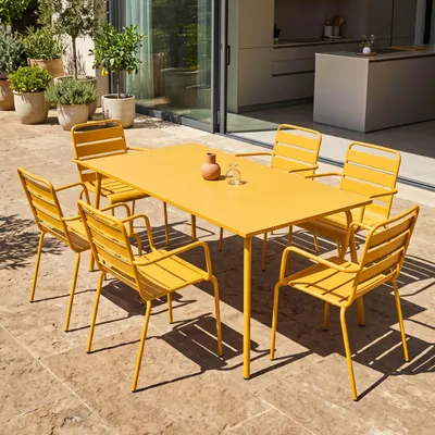 Produktbild von Gartentisch und 6 Stahlsessel GELB - Oviala Palavas