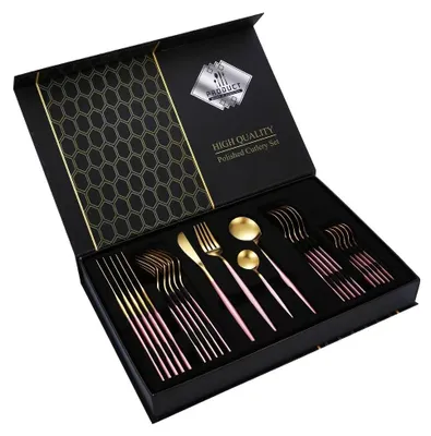 Produktbild von Besteck Set Edelstahl für 6 Personen 24-teiliges Besteckset hochglanzpoliert Spülmaschinenfest Luxury Box, Farben:Rose Gold