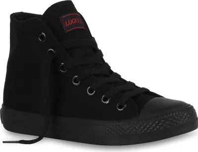 Produktbild von Mytrendshoe Damen High Top Sneakers Sportschuhe Kult Schnürer 94589, Farbe: Schwarz Schwarz Lucky, Größe: 36